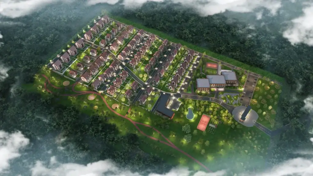 Aerial master plan night render of Vista Garden luxury villas in Tabakhmela Tbilisi by York Towers