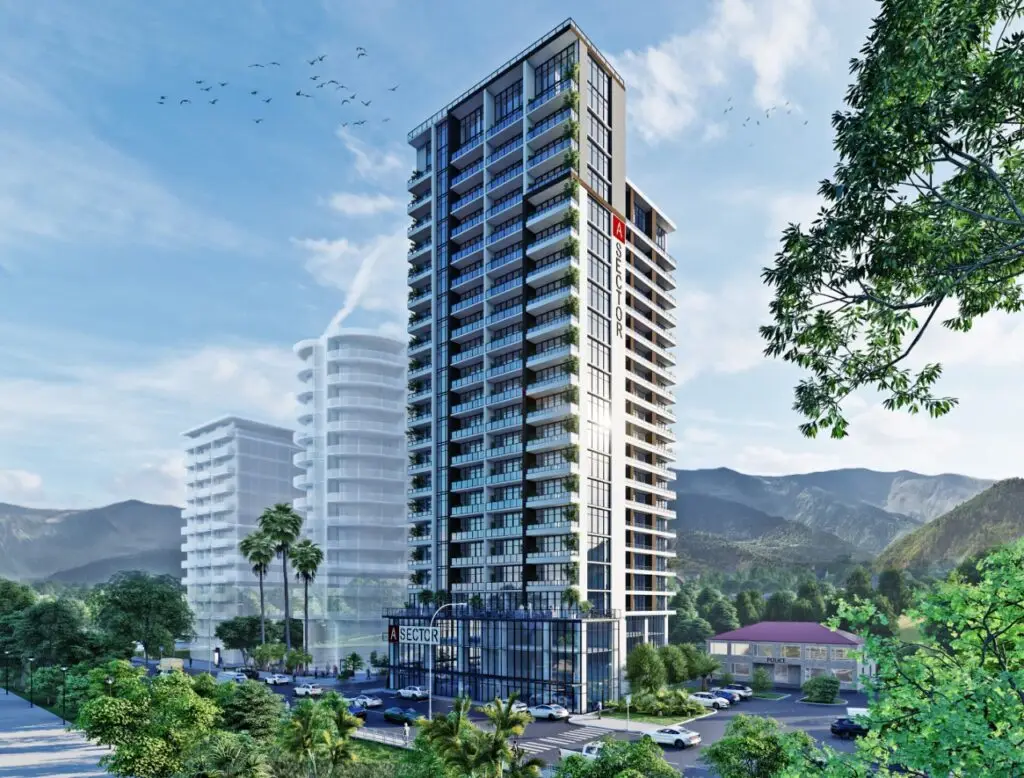 Buy luxury apartments in Batumi Makhinjauri at A Sector residential complex skyscraper exterior view