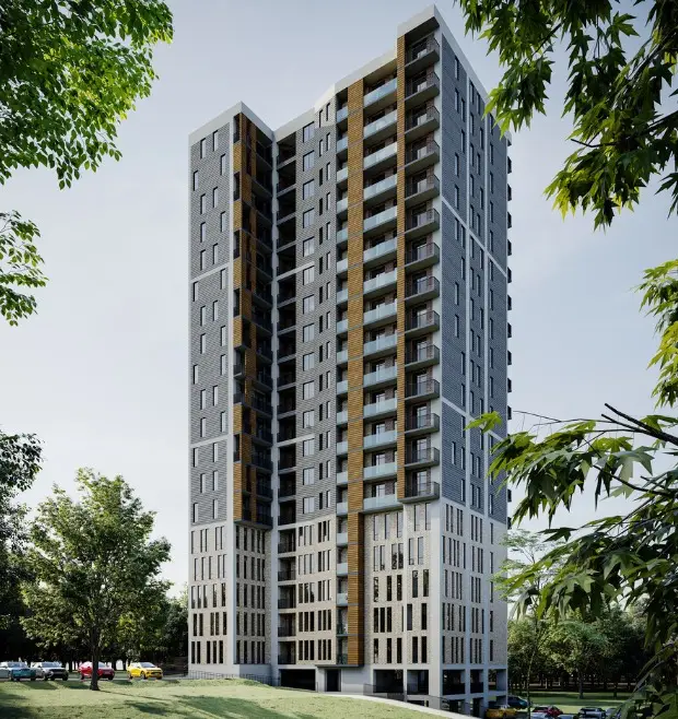 Buy premium residential apartments in Tbilisi Ortachala at Riverline project skyscraper exterior rendering